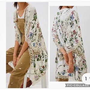 Anthropologie Solitaire Boho Floral Crochet Lace Kimono Top Cardigan White Red